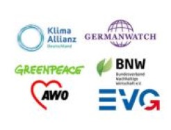 Logos der Klima-Allianz, von Germanwatch, Greenpeace, BNW, der EVG und der AWO