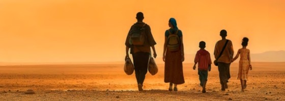 Familie in der Wüste auf Flucht 