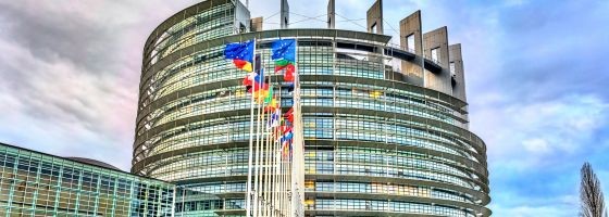 EU. Parlament mit Flaggen der EU und deren Mitgliedsstaaten